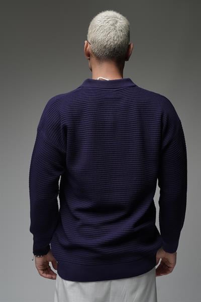 Polo Yaka Yarım Fermuarlı Oversize Kalıp Triko Kazak