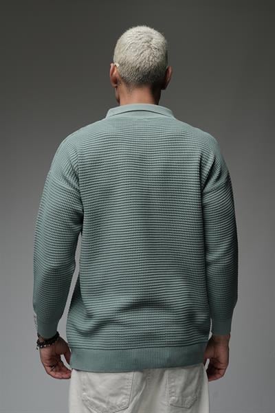 Polo Yaka Yarım Fermuarlı Oversize Kalıp Triko Kazak