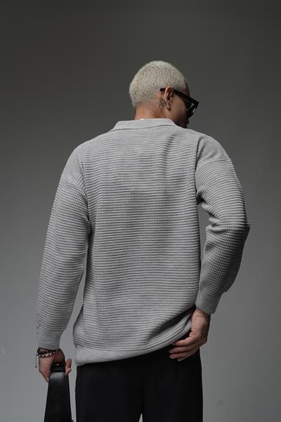 Polo Yaka Yarım Fermuarlı Oversize Kalıp Triko Kazak