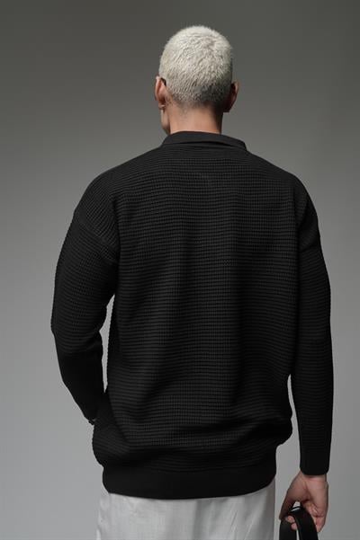 Polo Yaka Yarım Fermuarlı Oversize Kalıp Triko Kazak
