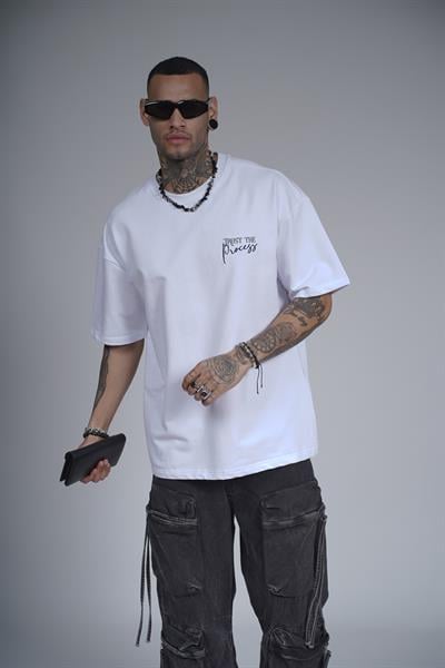 Sırtı Garnili Nakış Detaylı Baskılı Oversize Kalıp Unisex Tişört