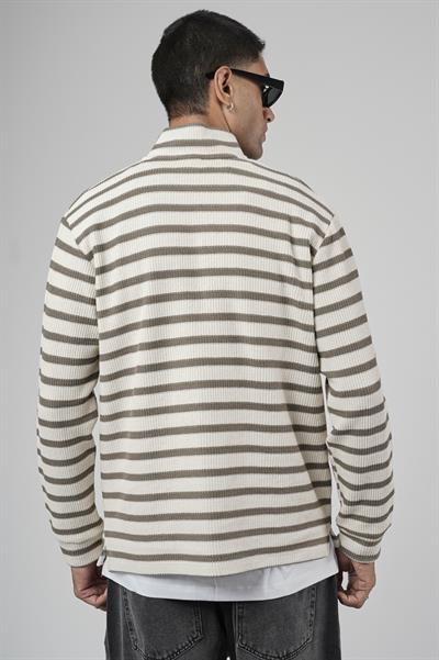 Yarım Fermuarlı Çizgili Regular Kalıp Jakarlı Sweatshirt
