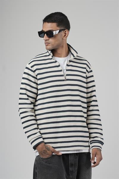 Yarım Fermuarlı Çizgili Regular Kalıp Jakarlı Sweatshirt