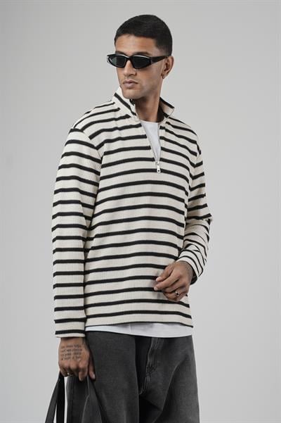 Yarım Fermuarlı Çizgili Regular Kalıp Jakarlı Sweatshirt