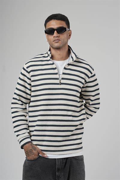 Yarım Fermuarlı Çizgili Regular Kalıp Jakarlı Sweatshirt