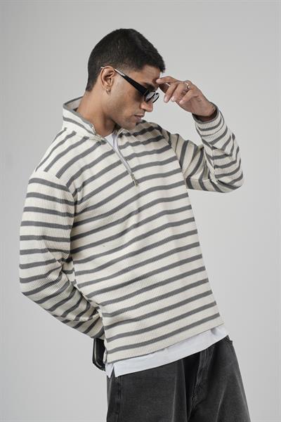 Yarım Fermuarlı Çizgili Regular Kalıp Jakarlı Sweatshirt