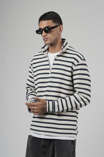 Yarım Fermuarlı Çizgili Regular Kalıp Jakarlı Sweatshirt