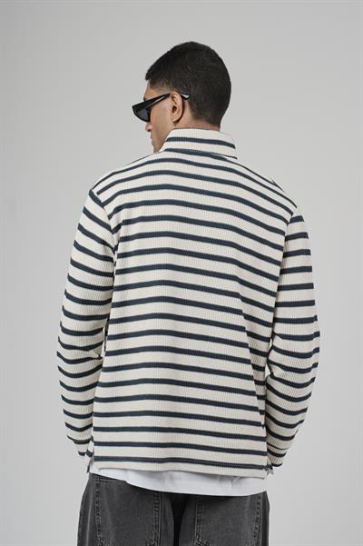 Yarım Fermuarlı Çizgili Regular Kalıp Jakarlı Sweatshirt