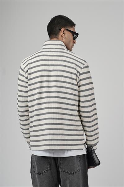 Yarım Fermuarlı Çizgili Regular Kalıp Jakarlı Sweatshirt