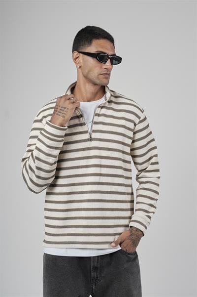 Yarım Fermuarlı Çizgili Regular Kalıp Jakarlı Sweatshirt