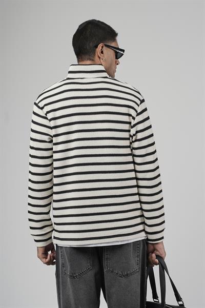 Yarım Fermuarlı Çizgili Regular Kalıp Jakarlı Sweatshirt