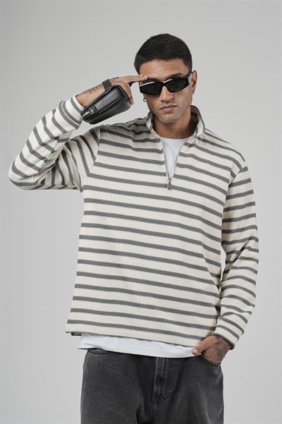 Yarım Fermuarlı Çizgili Regular Kalıp Jakarlı Sweatshirt