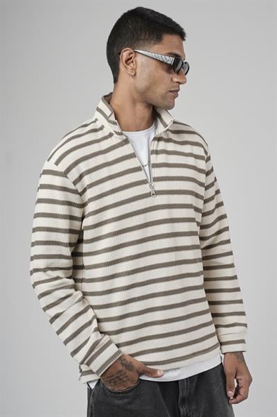Yarım Fermuarlı Çizgili Regular Kalıp Jakarlı Sweatshirt