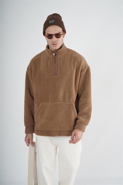Yarım Fermuarlı Kanguru Cepli Unisex Oversize Kalıp Peluş