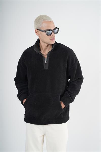 Yarım Fermuarlı Kanguru Cepli Unisex Oversize Kalıp Peluş