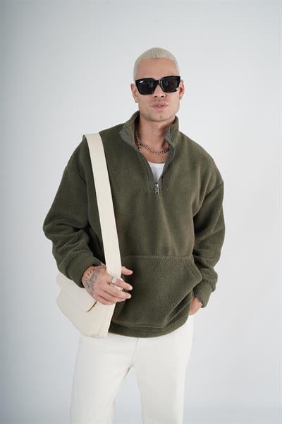 Yarım Fermuarlı Kanguru Cepli Unisex Oversize Kalıp Peluş
