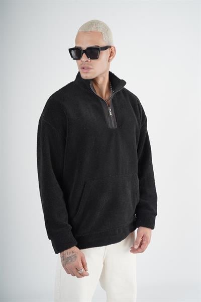Yarım Fermuarlı Kanguru Cepli Unisex Oversize Kalıp Peluş
