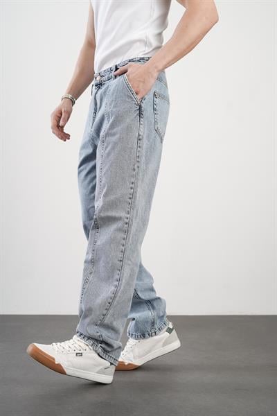 Yüksek Bel Önü Dikiş Detaylı Baggy Kalıp Erkek Bol Kesim Jean