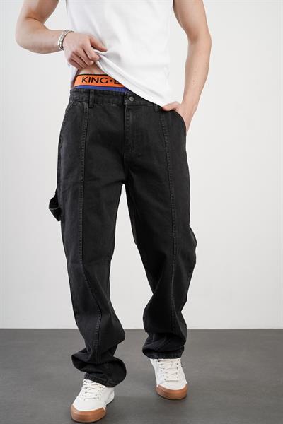 Yüksek Bel Önü Dikiş Detaylı Baggy Kalıp Erkek Bol Kesim Jean