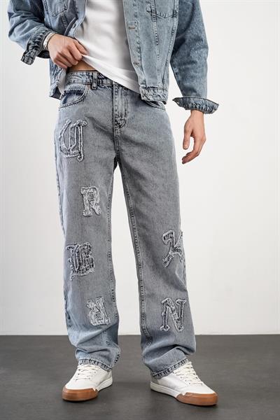 Yüksek Bel Yıkamalı Önü Harf Detaylı Baggy Kalıp Erkek Kot Pantolon