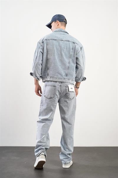 Yüksek Bel Yıkamalı Önü Harf Detaylı Baggy Kalıp Erkek Kot Pantolon