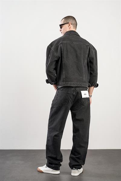 Yüksek Bel Yıkamalı Önü Harf Detaylı Baggy Kalıp Erkek Kot Pantolon