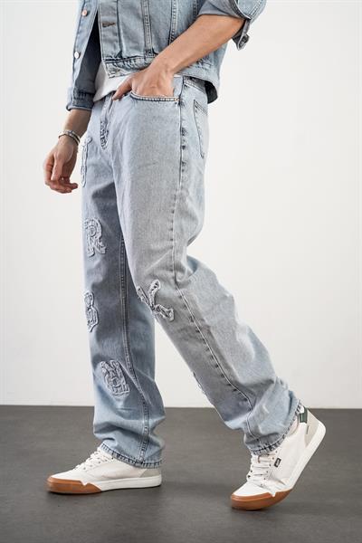 Yüksek Bel Yıkamalı Önü Harf Detaylı Baggy Kalıp Erkek Kot Pantolon