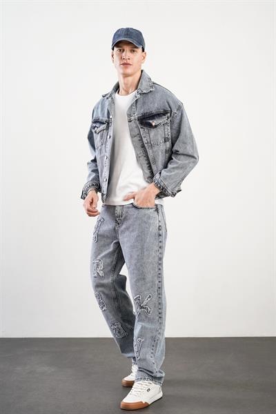 Yüksek Bel Yıkamalı Önü Harf Detaylı Baggy Kalıp Erkek Kot Pantolon