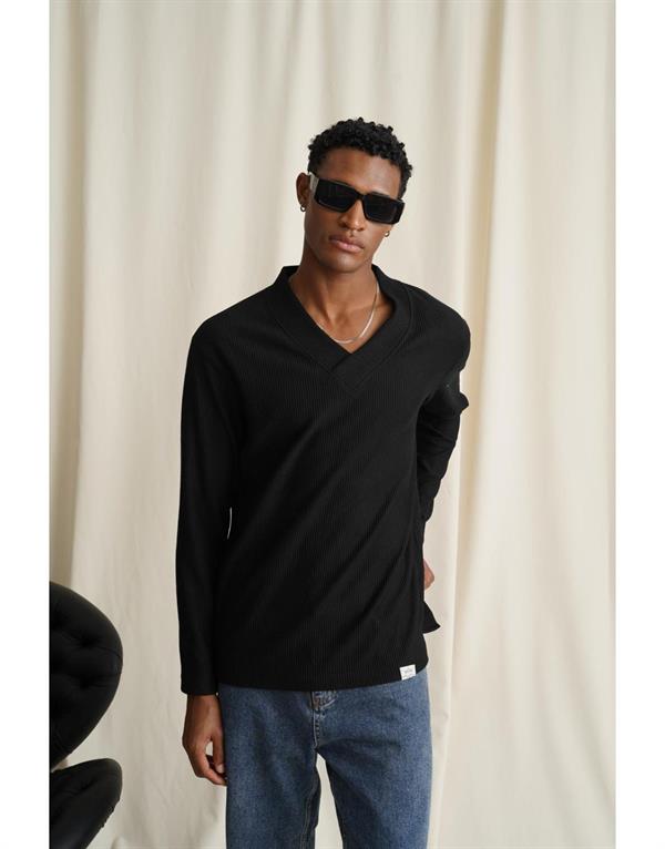 V Yaka Yanları Yırtmaç Detaylı Jakarlı Regular Kalıp Trend Erkek Sweatshirt