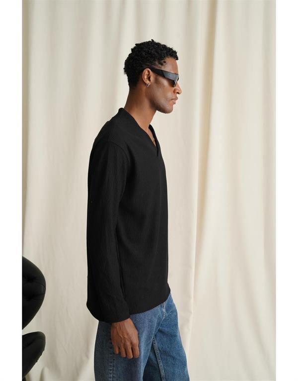 V Yaka Yanları Yırtmaç Detaylı Jakarlı Regular Kalıp Trend Erkek Sweatshirt