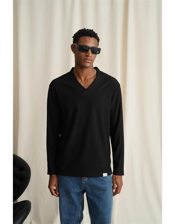 V Yaka Yanları Yırtmaç Detaylı Jakarlı Regular Kalıp Trend Erkek Sweatshirt