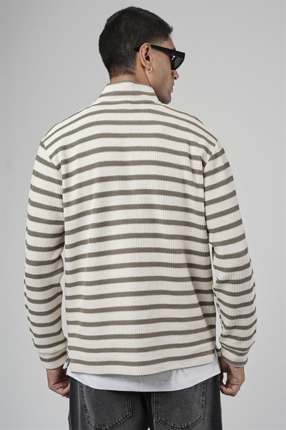 Yarım Fermuarlı Çizgili Regular Kalıp Jakarlı Sweatshirt
