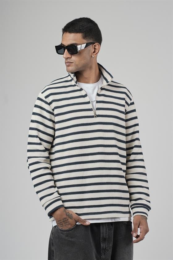 Yarım Fermuarlı Çizgili Regular Kalıp Jakarlı Sweatshirt