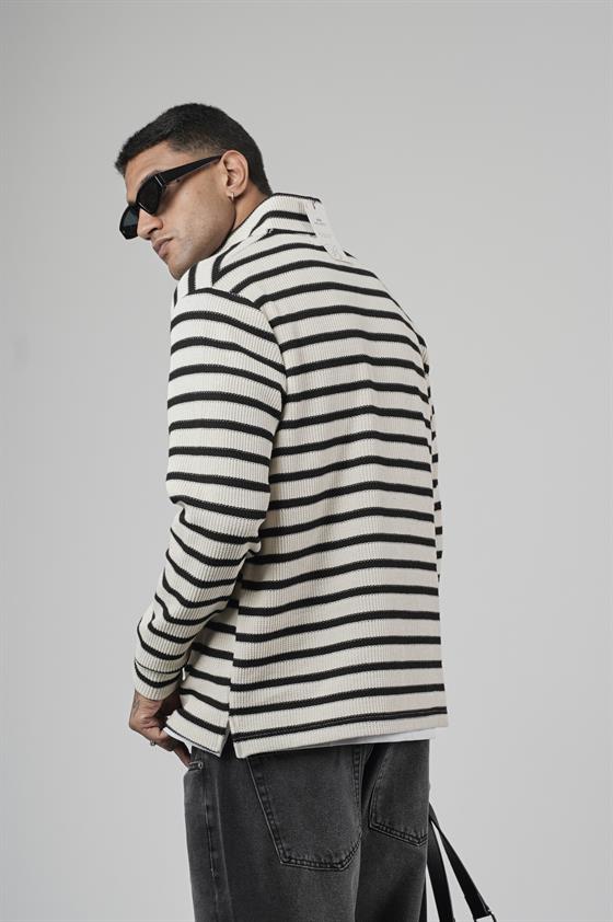 Yarım Fermuarlı Çizgili Regular Kalıp Jakarlı Sweatshirt