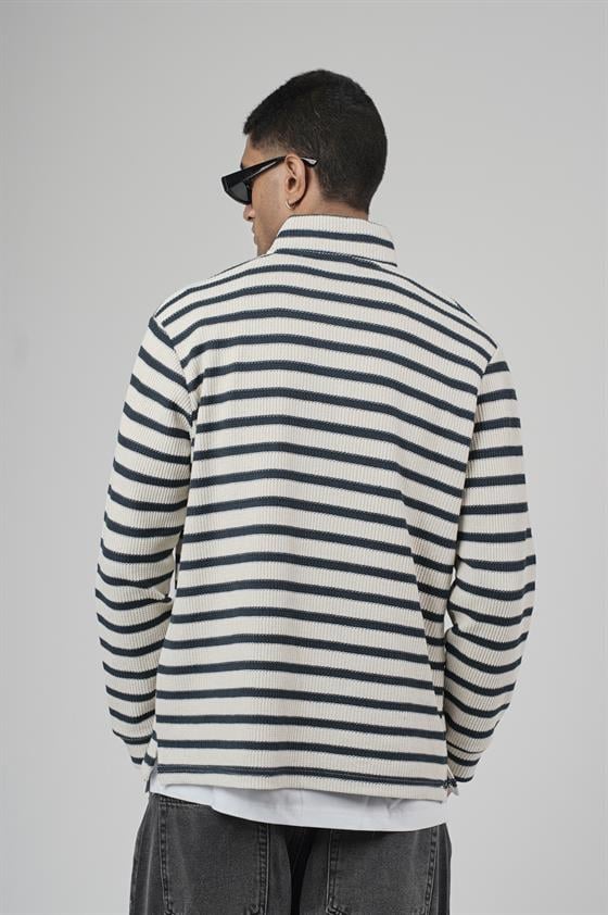Yarım Fermuarlı Çizgili Regular Kalıp Jakarlı Sweatshirt