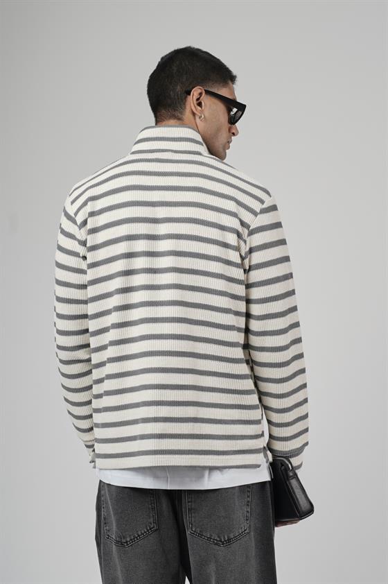 Yarım Fermuarlı Çizgili Regular Kalıp Jakarlı Sweatshirt
