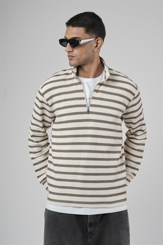 Yarım Fermuarlı Çizgili Regular Kalıp Jakarlı Sweatshirt