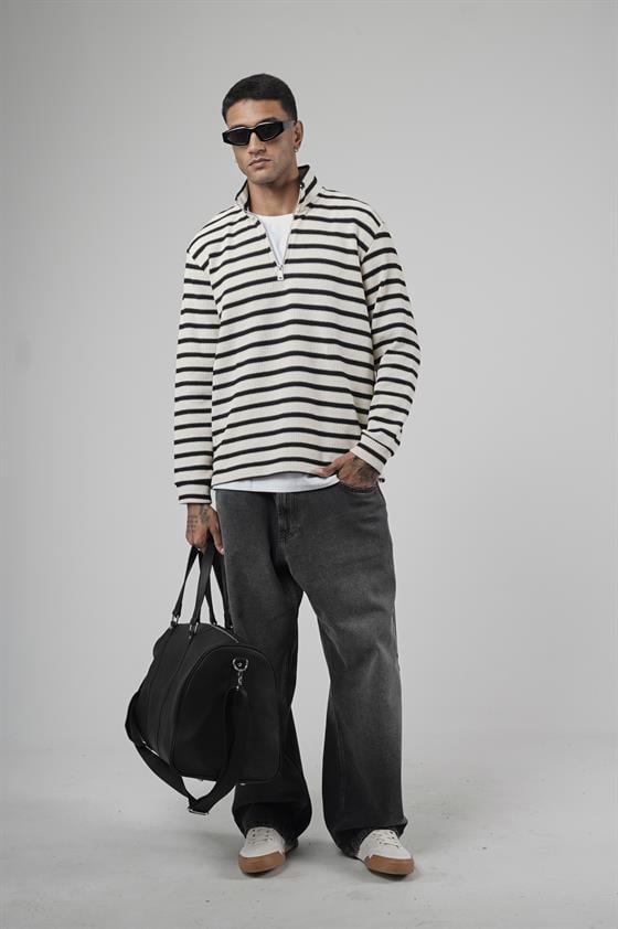 Yarım Fermuarlı Çizgili Regular Kalıp Jakarlı Sweatshirt