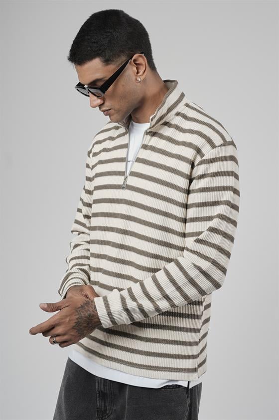 Yarım Fermuarlı Çizgili Regular Kalıp Jakarlı Sweatshirt