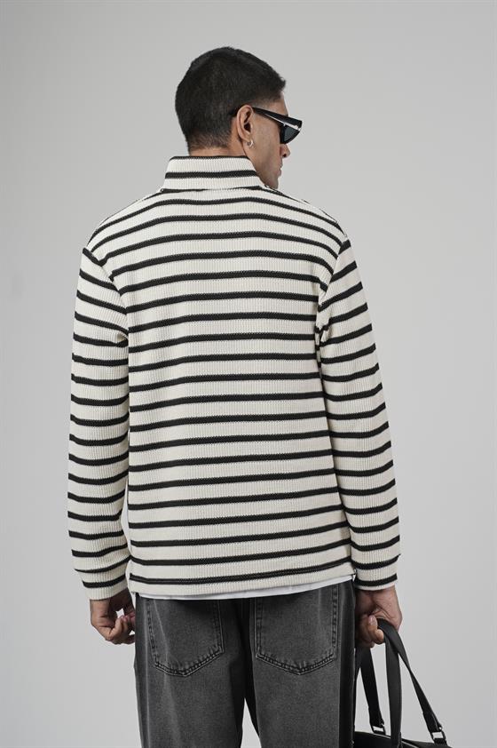 Yarım Fermuarlı Çizgili Regular Kalıp Jakarlı Sweatshirt