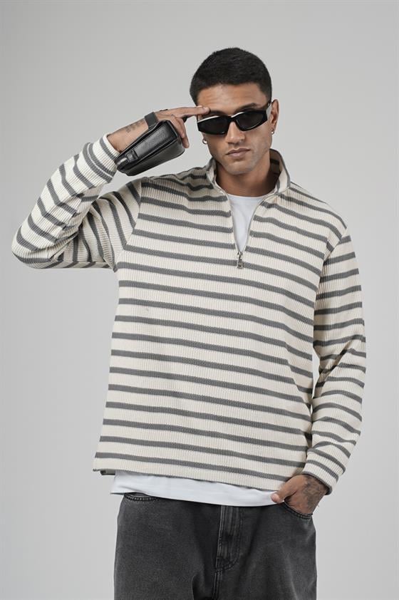 Yarım Fermuarlı Çizgili Regular Kalıp Jakarlı Sweatshirt