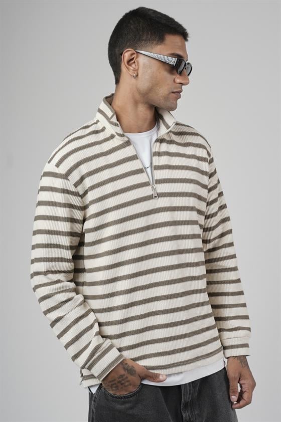 Yarım Fermuarlı Çizgili Regular Kalıp Jakarlı Sweatshirt
