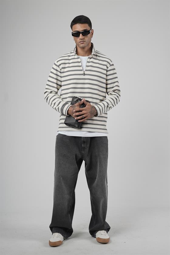 Yarım Fermuarlı Çizgili Regular Kalıp Jakarlı Sweatshirt