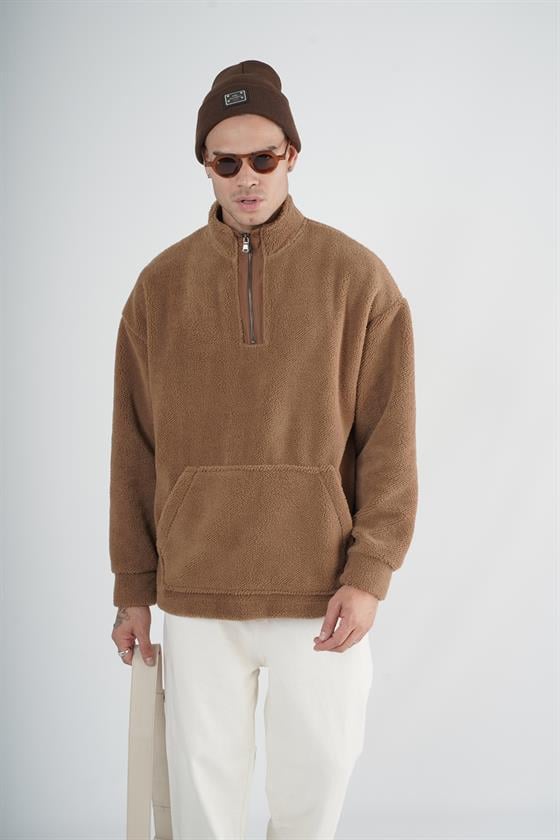Yarım Fermuarlı Kanguru Cepli Unisex Oversize Kalıp Peluş