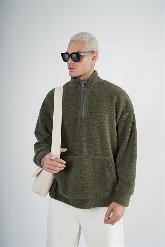 Yarım Fermuarlı Kanguru Cepli Unisex Oversize Kalıp Peluş