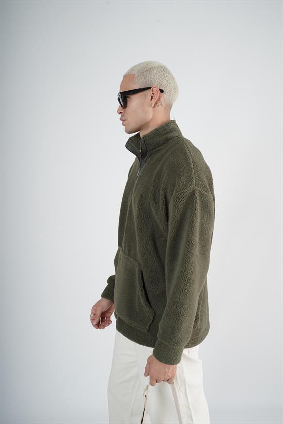 Yarım Fermuarlı Kanguru Cepli Unisex Oversize Kalıp Peluş