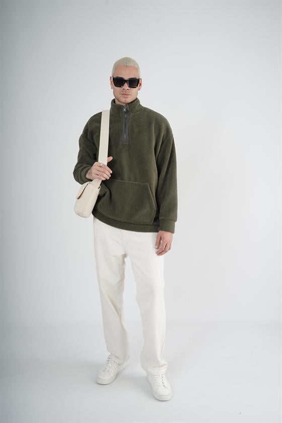 Yarım Fermuarlı Kanguru Cepli Unisex Oversize Kalıp Peluş