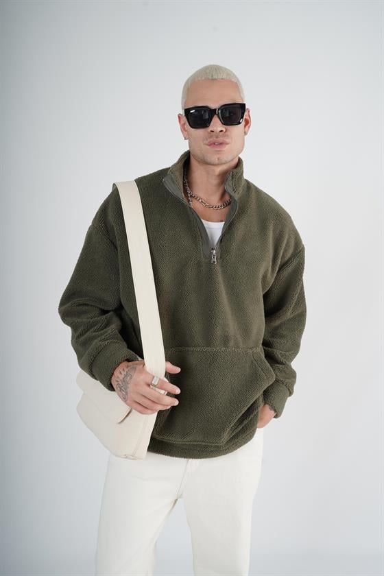 Yarım Fermuarlı Kanguru Cepli Unisex Oversize Kalıp Peluş