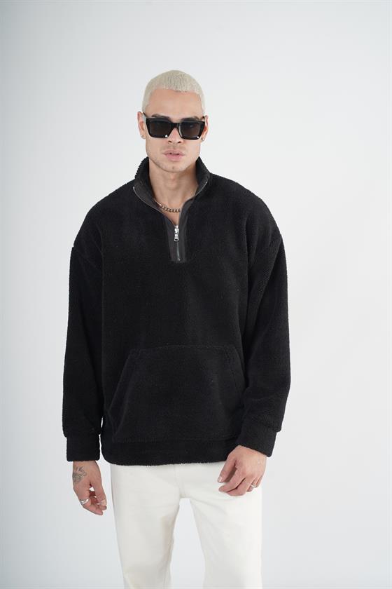 Yarım Fermuarlı Kanguru Cepli Unisex Oversize Kalıp Peluş