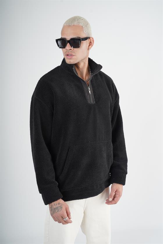 Yarım Fermuarlı Kanguru Cepli Unisex Oversize Kalıp Peluş